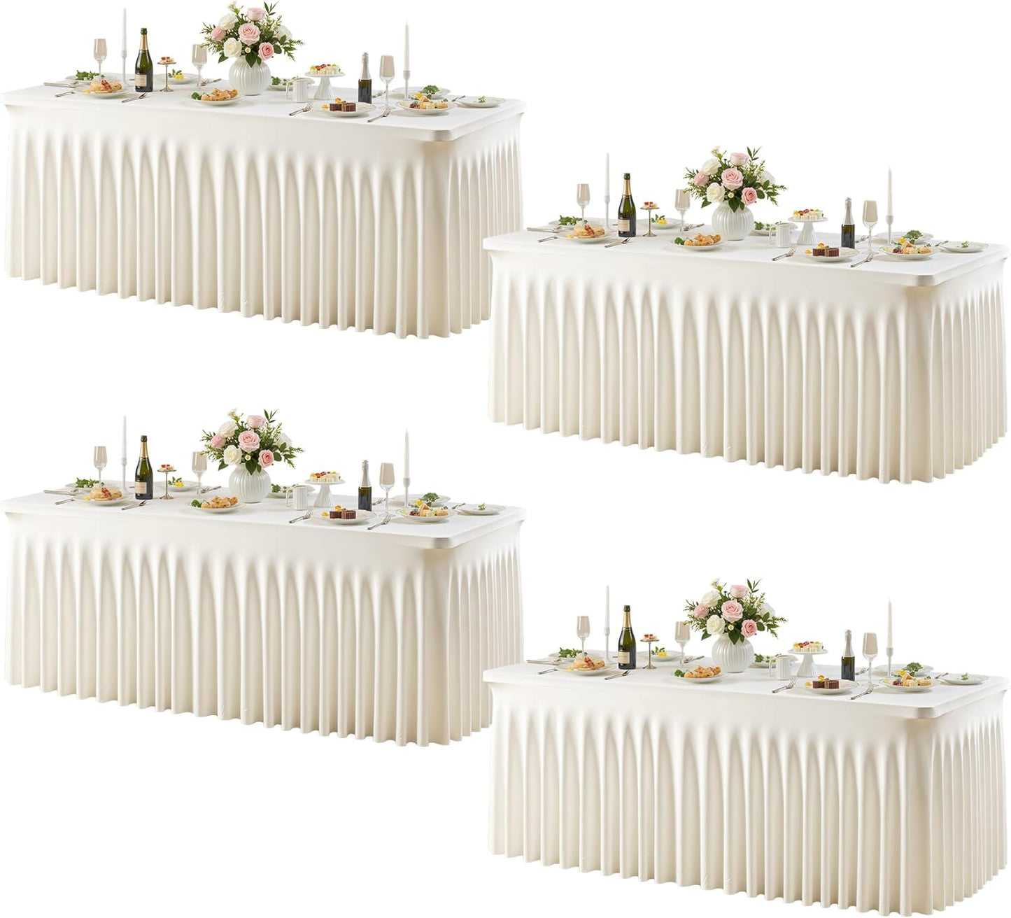 Besutolife Ivory Spandex Tablecloth for 6ft Rectangle Tables 4 Packs- Wrinkle-Resistant, Stretchable, Machine Washable - Perfect for Weddings Banquets Birthday Parties Events