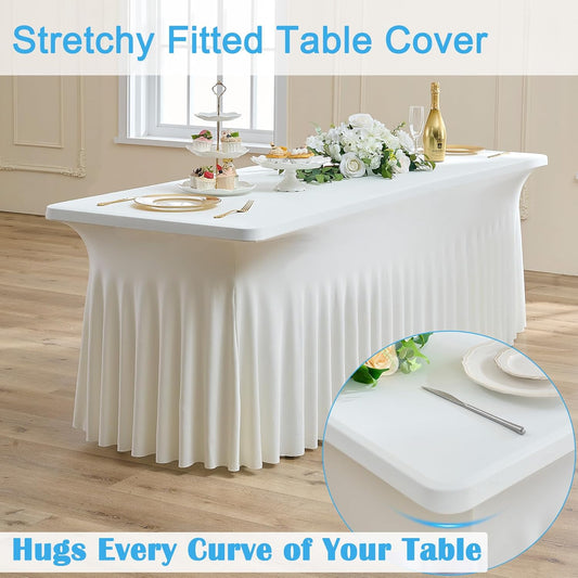 6pack Ivory Spandex Tablecloths 8ft for Rectangle Tables, Wrinkle Free Classy Table Skirt Stretchy 8 Foot Fitted Table Cloths Covers for Weddings Birthday Party Events Banquette Baby Shower