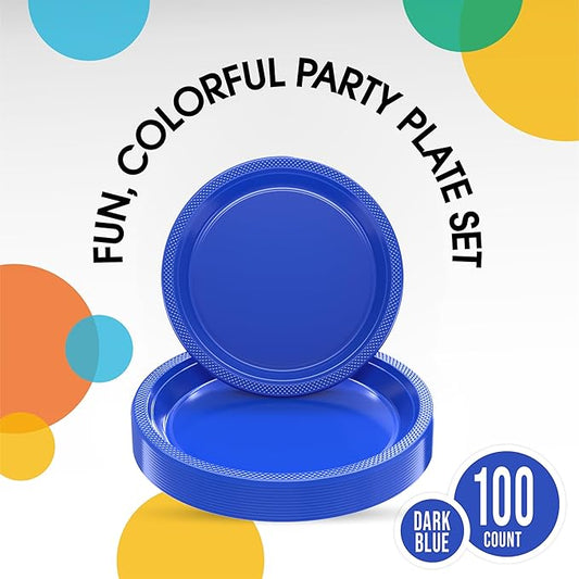 Party Solids Dark Blue Plastic Plates For Party Supplies, Dark Blue Disposable Plates 100 Pieces - 50-7" & 50-9" Heavy Duty 350 GSM Disposable Dinnerware Sets, Plastic Dinnerware Sets