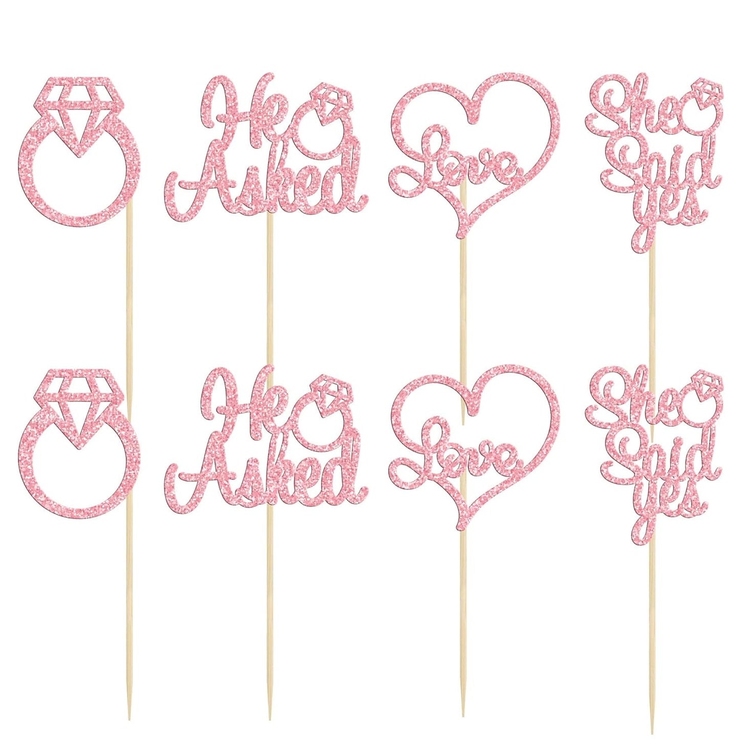 Gyufise Pink 24Pcs He Asked She Said Yes Cupcake Toppers Diamond Ring Heart Cake Picks for Wedding Engagement Party Cake Decorations