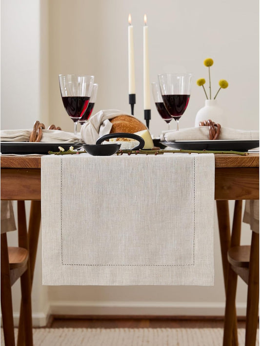 Solino Home Linen Table Runner 108 Inches Long - Classic Hemstitch 100% Pure Linen Light Natural Dining Table Runner 14 x 108 Inch for Fall, Autumn, Thanksgiving