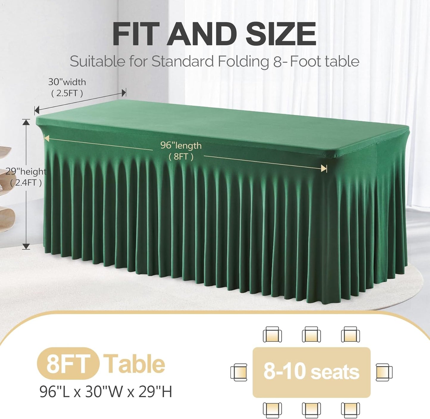 PARTISKY Hunter Green Spandex Tablecloth for 8ft Rectangle Tables, Stretchable Table Cover Skirt for Folding Tables Weddings Parties Banquets Events Trade Shows and Dessert Table