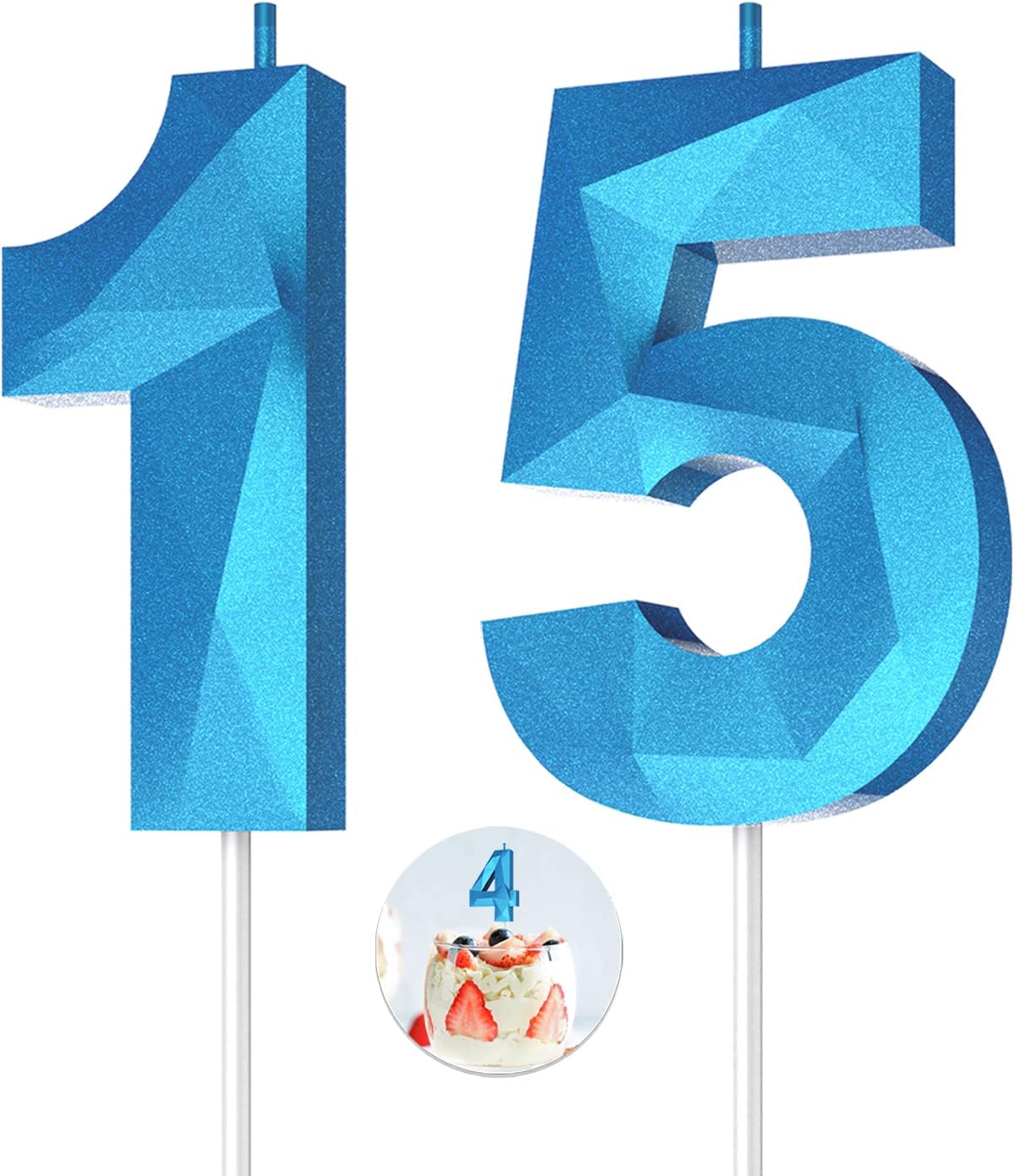 Number Birthday Candles(15 Candle Blue) 3D Diamond Shape Number Happy Birthday Cake Candles for Birthday Party Wedding Decoration Reunions Theme Party