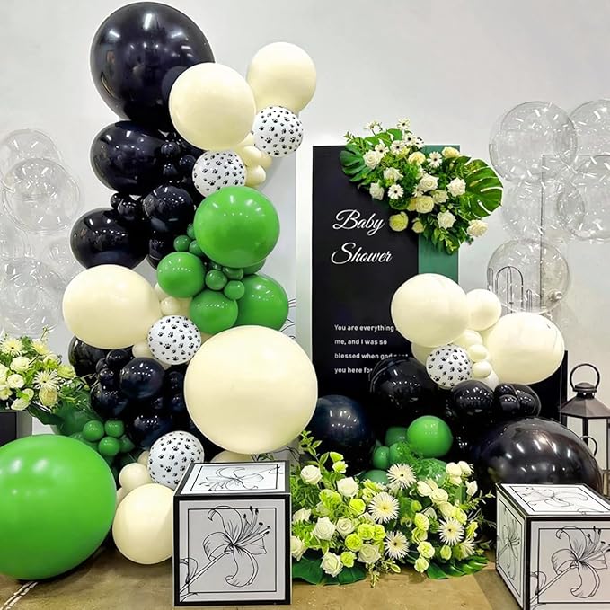 Dog Paw Green Black White Balloon Garland Arch Kit, 167Pcs Latex Balloons Different Sizes 18 12 10 5 inch for Pet Dog Theme Birthday Baby Shower Graduation Wedding Party Decorations