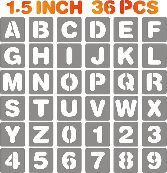 BAMIDELE 1.5 Inch Letter and Number Stencils, 36 Pcs Reusable Plastic Alphabet Spray Paint Stencils for Painting on Wood, Wall, Fabric, Rock, Chalkboard, Door Porch, Signage, DIY Craft Decoration