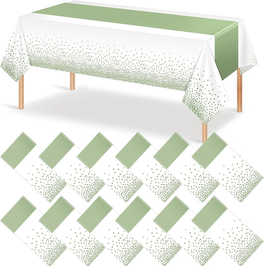 12Pcs White and Sage Green Tablecloth Decorations,Plastic White Table Cloth Printed Green Table Runner Disposable Rectangle Tables Cover for Birthday Wedding Anniversary Graduation Party,54 x108 Inch