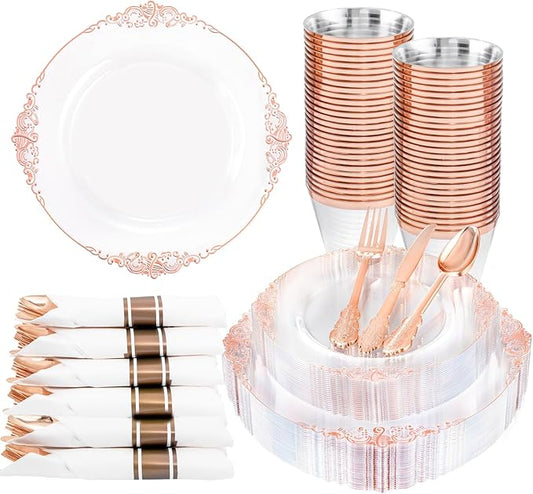 Nervure 175PCS Rose Gold Plastic Plates - Disposable Rose Gold Party Plates & Pre Rolled Napkins with Cutlery for 25 Guests, 50Plates, 75Silverware, 25Cups, 25Napkin for Wedding & Party & Easter