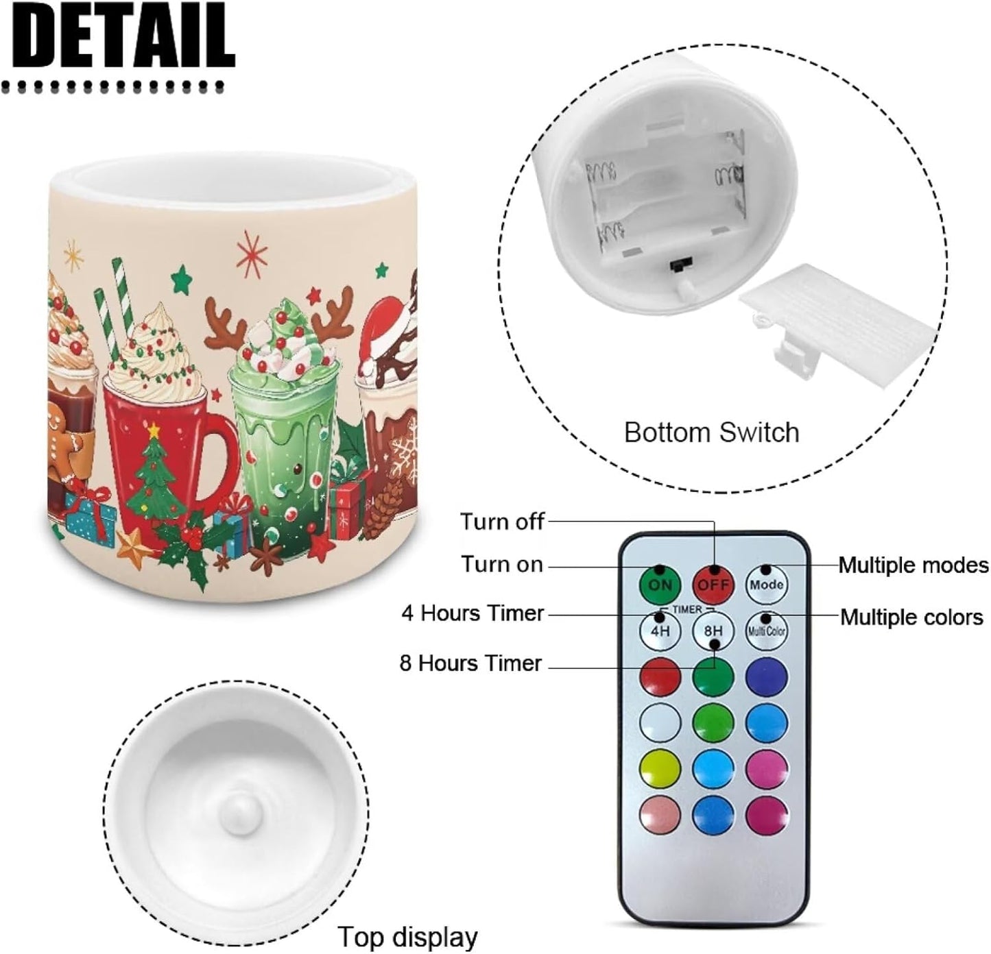 Poceacles Remote Control LED Candles Set of 4 Battery Powered Flameless Candles with Multi-Color Lighting Options, Timer Function, for Christmas Decor, Christmas Beverage Latte Coffee Pattern