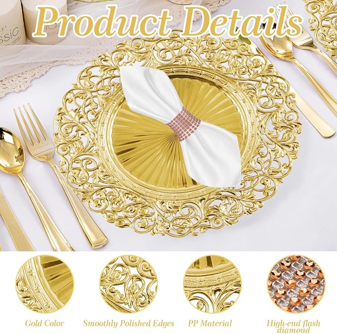 Set of 12 Gold Charger Plates and 12 Napkin Rings, 13-Inch Heavy-Duty Stackable Chargers for Dinner Plates, Perfect for Wedding & Party Table Settings