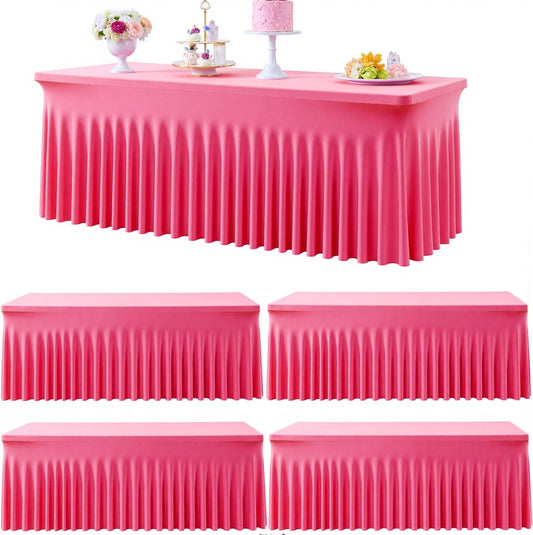 Outpain 6ft Spandex Table Cloth for Standard Folding Tables-4Pack Hot Pink Table Cloth Table Protector for Party, Wedding, Cocktail, Banquet, Festival