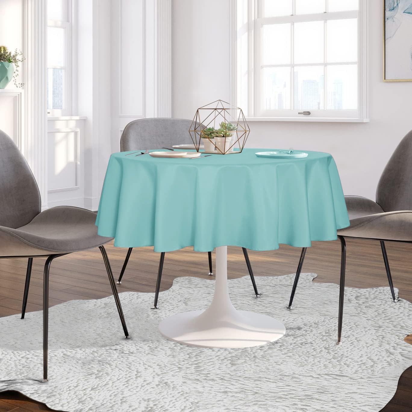 sancua Round Tablecloth - 60 Inch - Water Resistant Spill Proof Washable Polyester Table Cloth Decorative Fabric Table Cover for Dining Tables, Buffet Parties and Camping, Turquoise