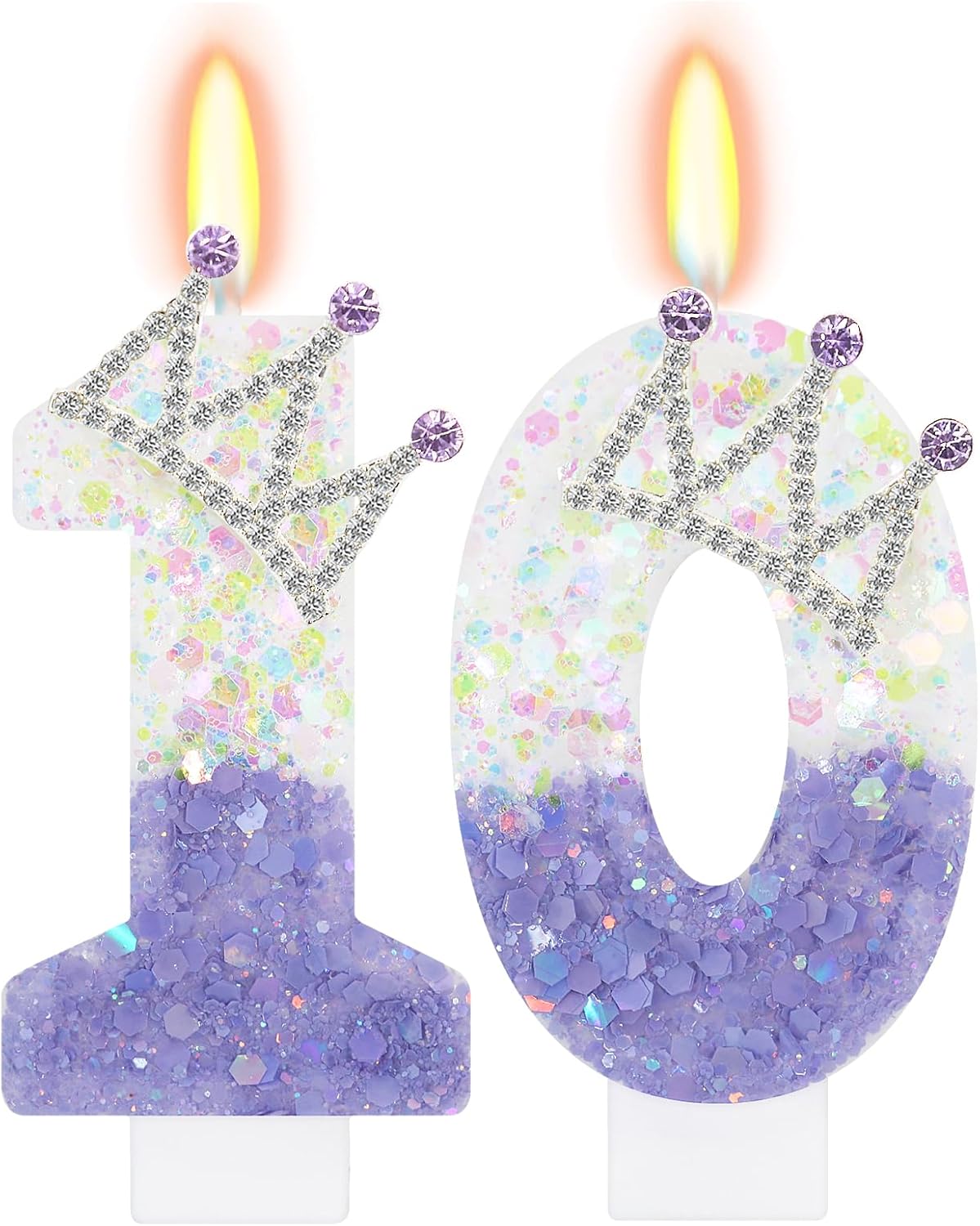 Purple White Number 10 Candle, Glitter Crown Cake Topper, Princess Birthday Party Decorations for Girls and Women Anniversary Celebrations Party Favors