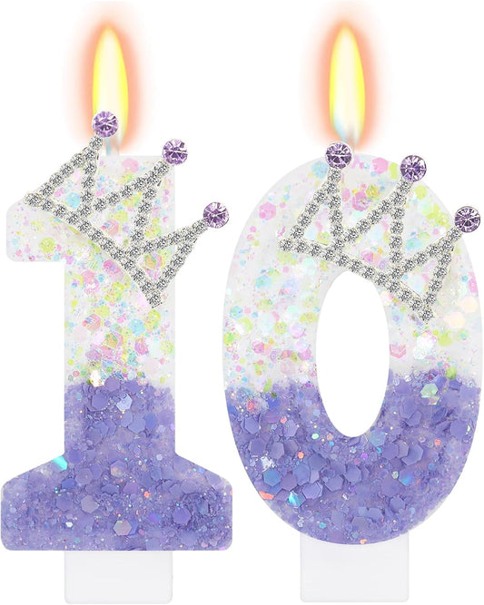 Purple White Number 10 Candle, Glitter Crown Cake Topper, Princess Birthday Party Decorations for Girls and Women Anniversary Celebrations Party Favors