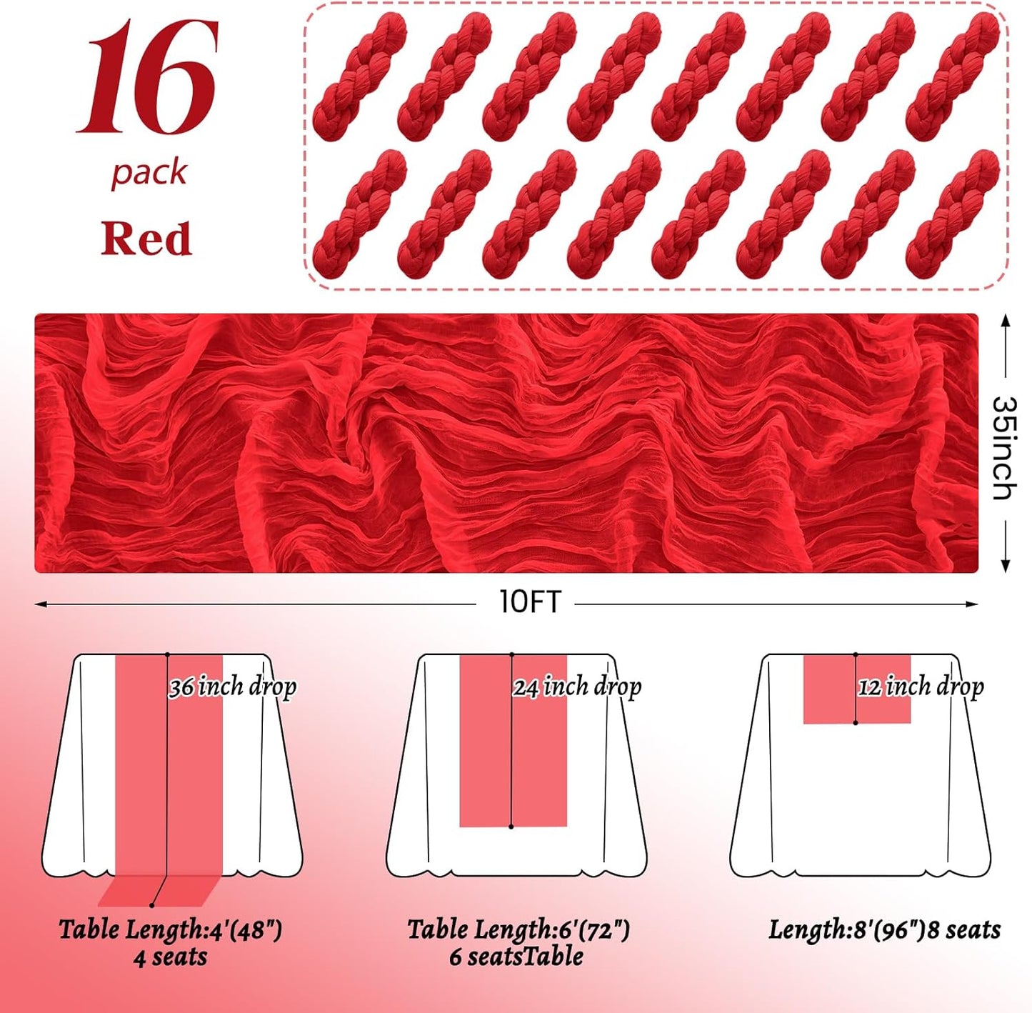 16Pack Red Table Runner 10FT Cheesecloth Table Runner 35x120Inch Long Boho Cheese Cloth Table Runners Rustic Gauze Table Runners for Party Christmas Wedding Bridal Baby Shower Decorations
