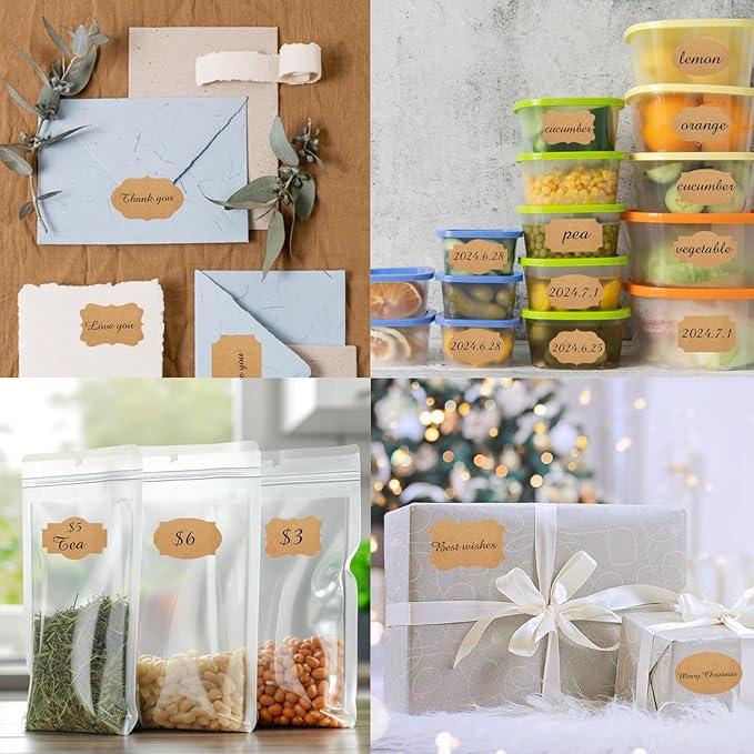 Dark Kraft 350 PCS Gift Tags Stickers, 2" x 1.2" Fancy Shape Self-Adhesive Labels for Presents, Cosmetic Decoration, Food Craft Jars
