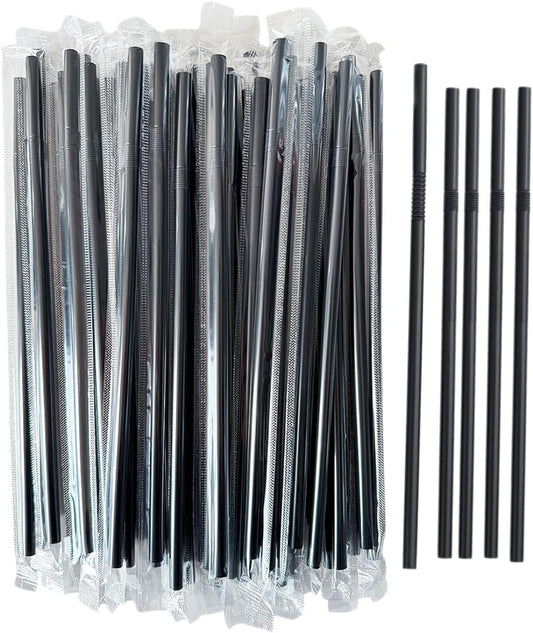 100PCS flexible plastic straws, black disposable curved party straws 8.26 inches long straw party decoration (200, black-B)