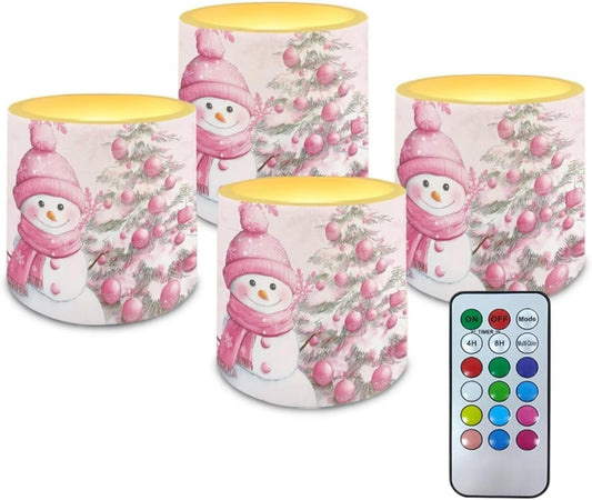 Poceacles Christmas LED Candles Set of 4 Battery Powered Flameless Candles with Multi-Color Lighting Options, Timer Function, for Indoor Outdoor Decor, Snowman Christmas Tree Pink