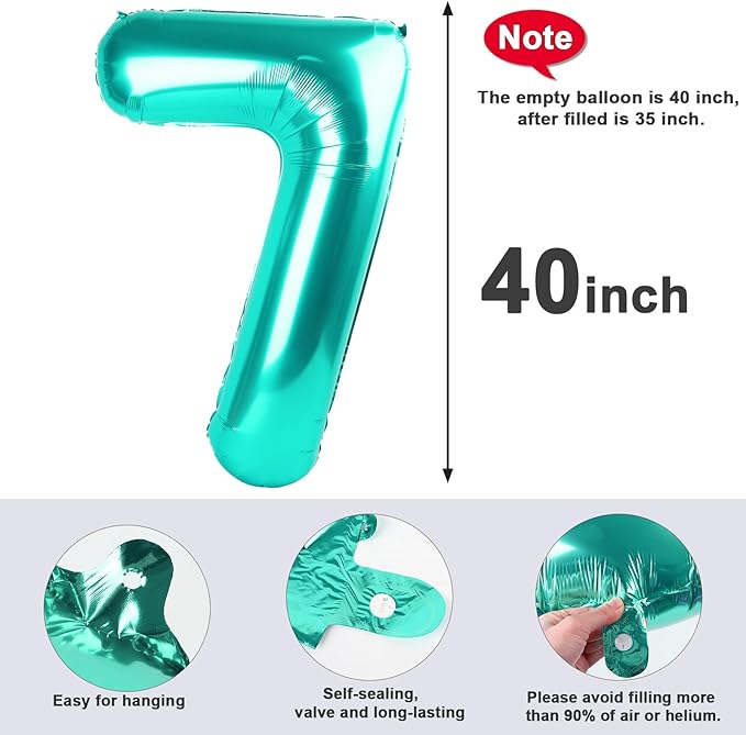 40 Inch Number 7 Balloon, 6 7 Birthday Decorations, Blue-green Seven Birthday Decor, 7 17 27 70 Year Old Balloon Number for Engagement, Wedding, Graduations