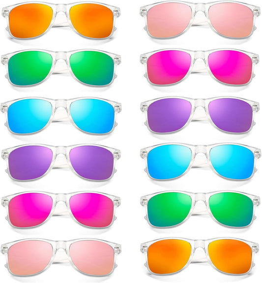 SUNOVELTIES 12/24 Pack Neon Party Sunglasses Mirrored/Jelly Lens Bulk Glasses Horn Rimmed Eyewear for Men Women