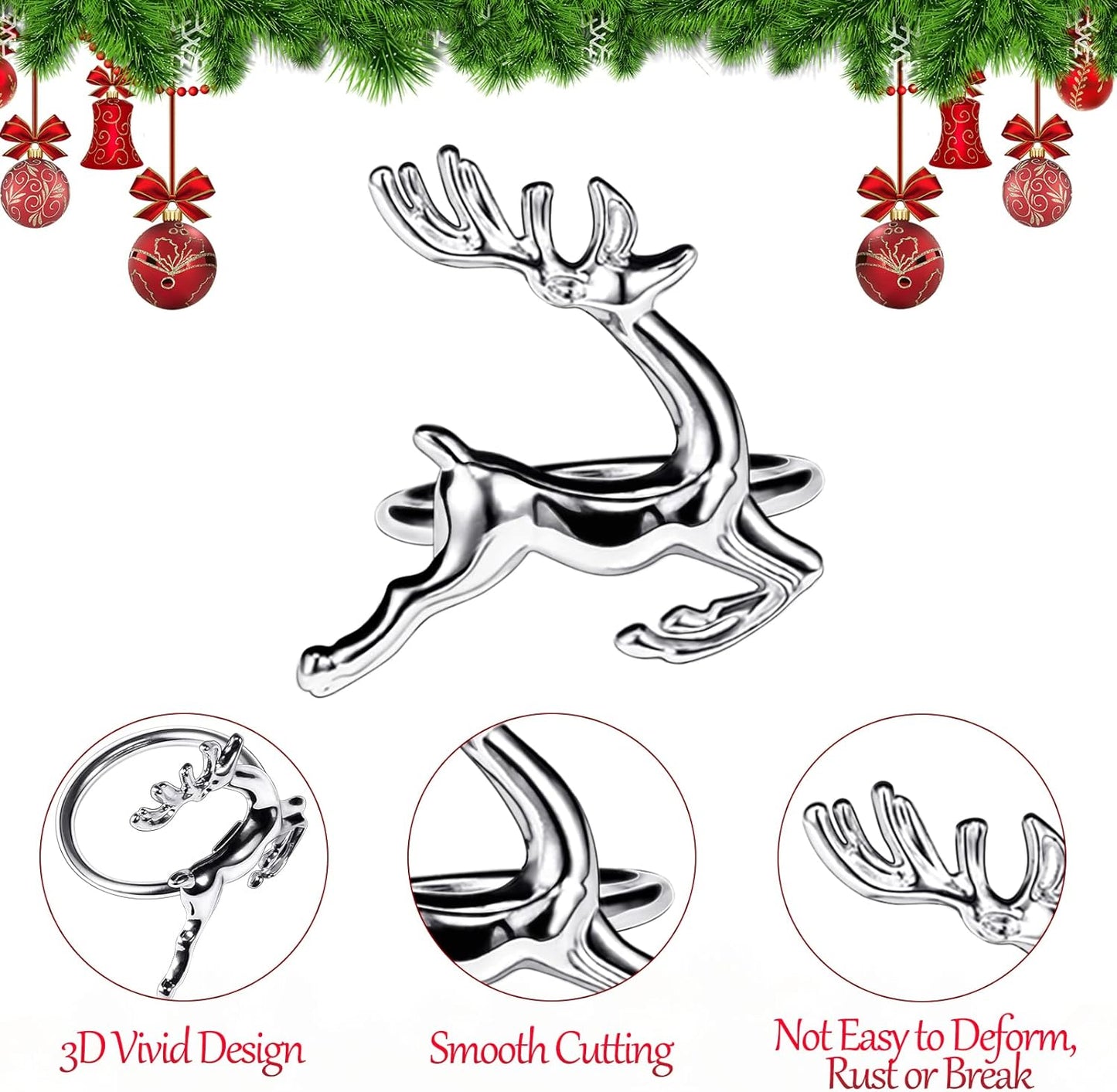 legigo Set of 6 Christmas Deer Napkin Rings for Dinning Table Setting - Metal Napkin Holder Rings for Xmas Dinner Holiday Party, Wedding Receptions Dinning Table Setting (Sliver)