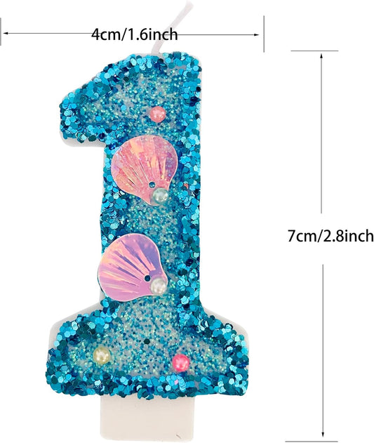 Blue Number Candle,Shell Sequins Number Candles for Birthday Cakes Mermaid Themed Party Supplies Number 1 Candle