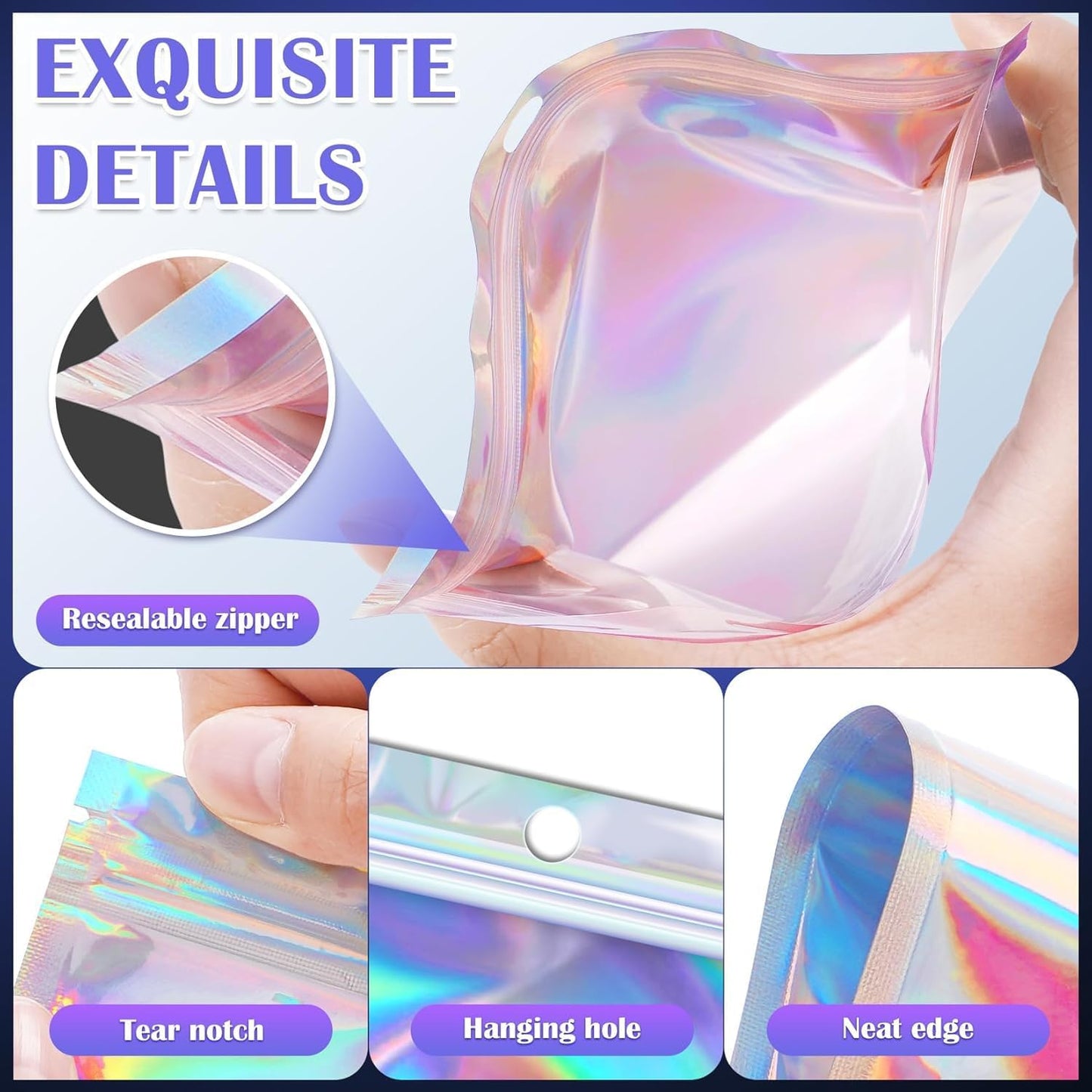 300 Pcs Mylar Bags, Smell Proof Bags Foil Pouch, Holographic Resealable Bags for Small Business, Candy Sample Jewelry Bag Sealable Packaging for Party Favor Food Storage (2.4x3.9in)