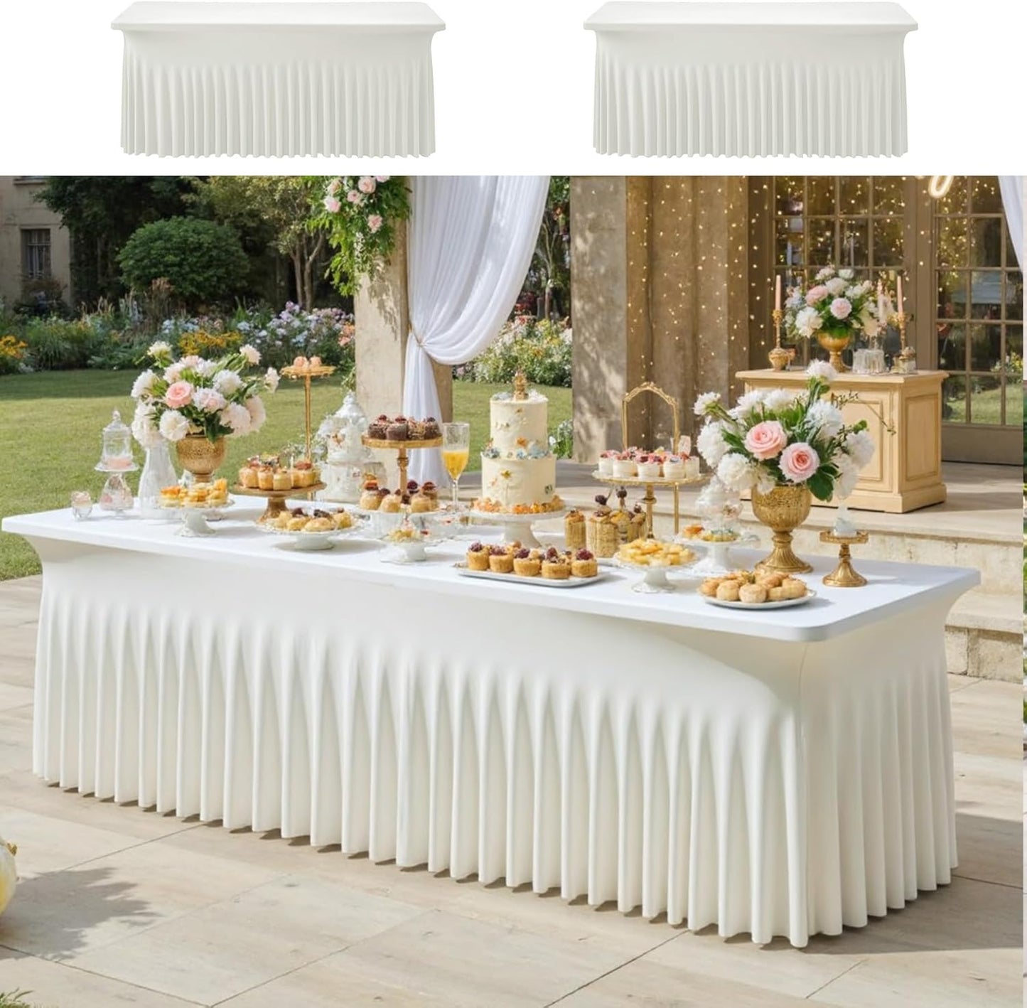 2pk Ivory Spandex Tablecloths 6ft for Rectangle Tables, Wrinkle Free Classy Table Skirt Stretchy Fitted Table Cloths Covers 6 Foot for Weddings Birthday Party Events Banquette Baby Shower
