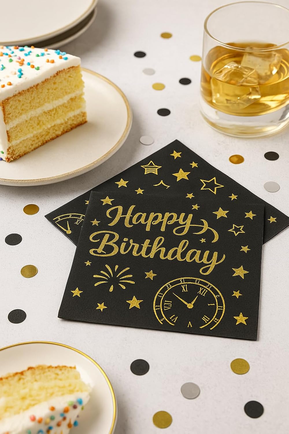 100 Black Happy Birthday Cocktail Napkins- 2-Ply Disposable with Gold Foil-Elegant Party Napkins for Drinks, Bars, Birthdays, and Celebrations (100 Count)