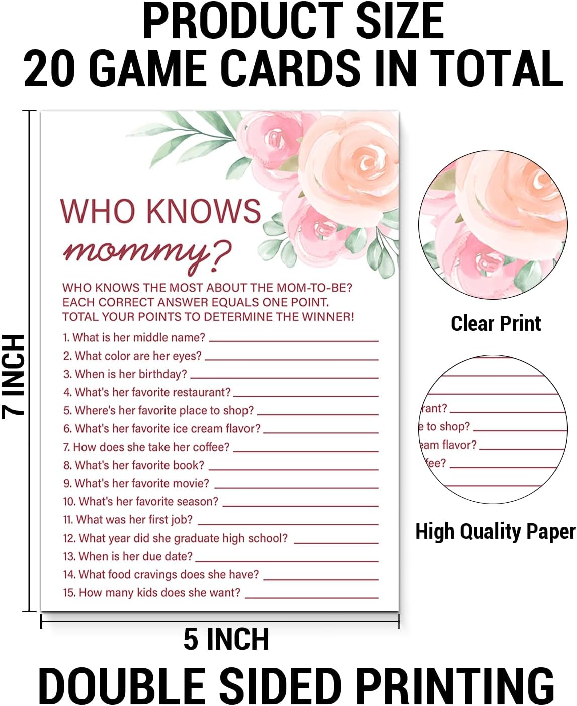 Who Knows Mommy Best Baby Shower Games for Girl, Baby Shower Ideas, Gender Reveal Games, 20 Floral Game Cards for Guests