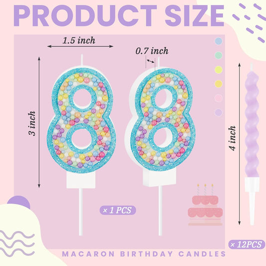 MTLEE Number 8 Birthday Candle with 12 Pcs Spiral Candles for Girls Macaron Pastel Rainbow Unicorn Pink Cake Topper for Sweet Theme Party Decoration