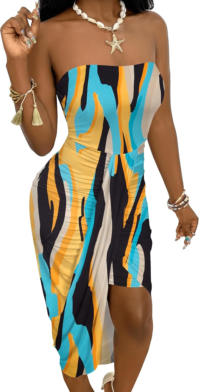 Umenlele Women's Strapless Ruched High Waist Wrap Split Asymmetrical Beach Maxi Long Dress