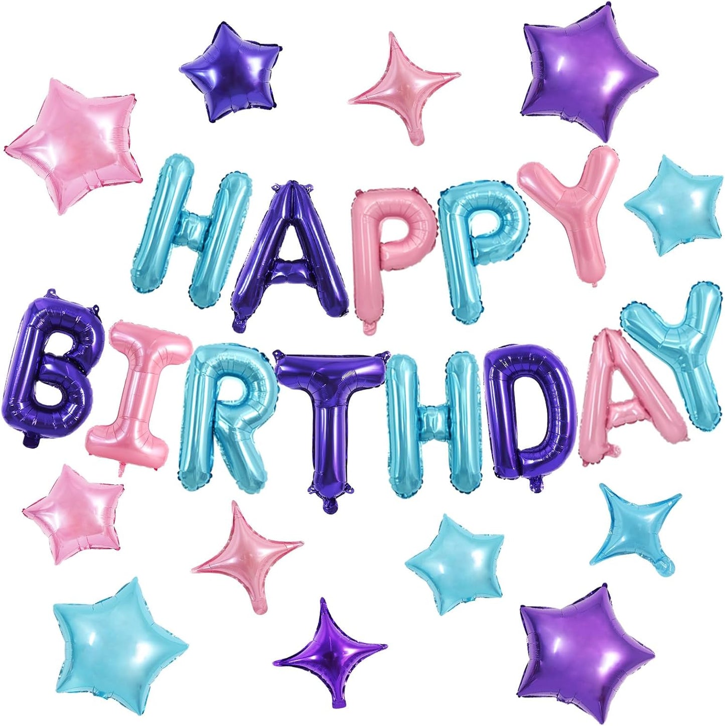 TONIFUL 35PCS Happy Birthday Decorations Kit 16 Inch Happy Birthday Balloon Banner with Star Balloons Mylar Foil Birthday Party Decorations Supplies for Adults Girls Boys Kids （Blue Purple Pink）
