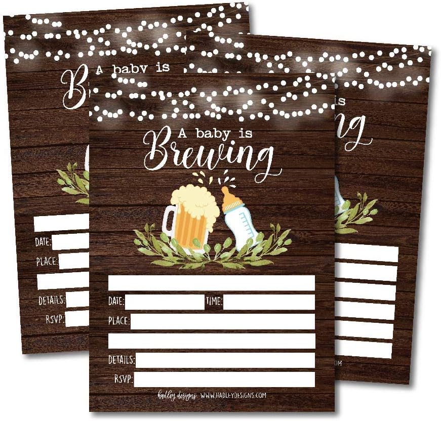 Hadley Designs 25 Brewing Baby Shower Invitations, Coed Sprinkle Invite for boy or girl, Gender Neutral Reveal, Cute Printed Fill or Write In Blank Printable Card, Beer Vintage Bottle Twin Party