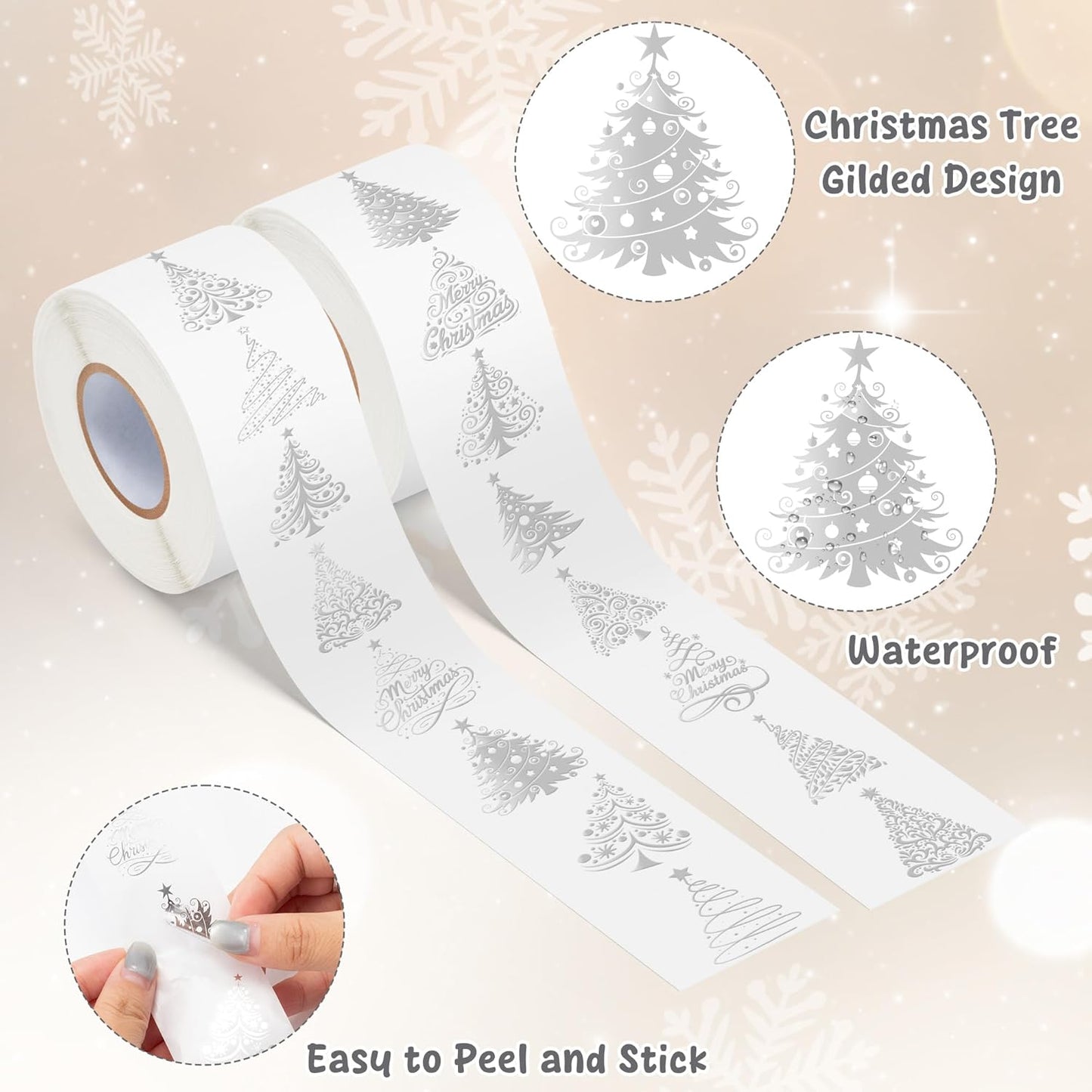 Foil Christmas Tree Stickers - 2 Rolls 16 Designs Easy Peel Metallic Tree Waterproof Decals for Gift Wrapping, Holiday Cards, Water Bottle Laptop Decor, Kids Crafts & Party Supplies
