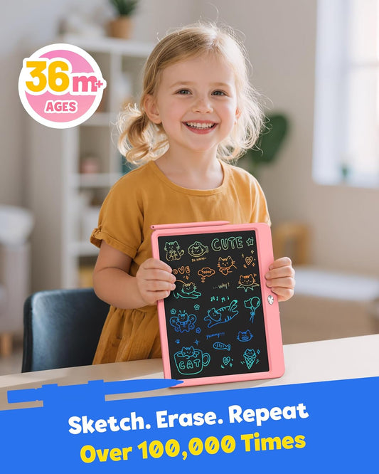 TEKFUN LCD Writing Tablet for Kids Girls Toys, 12 Inch Erasable Drawing Tablet Doodle Board Colorful Doodle Pad, Gifts for Toddlers Girls Adults (Pink)