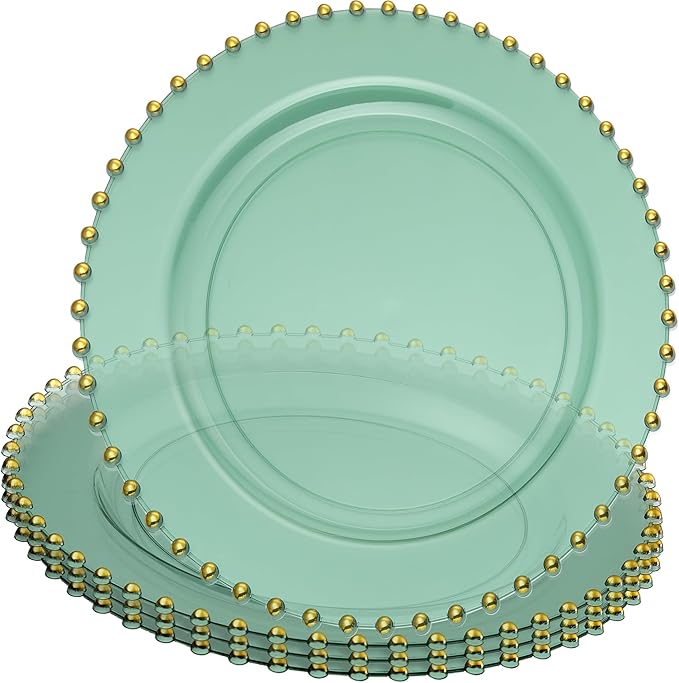 PLASTICPRO Translucent Green with Gold Rim Plastic Charger Plates with Beaded Edge – Pack of 8 – 13" Elegant Round Disposable Chargers for Weddings, Events, Parties, and Dinners