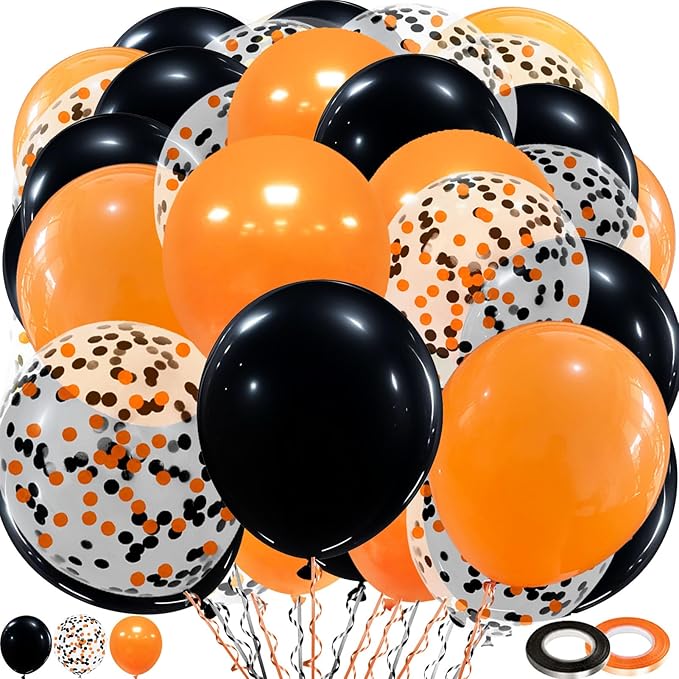Halloween Balloons Black Orange Balloons, 60Pcs 12inch Latex Orange Black Balloon and Confetti Balloon for Halloween Birthday Party Decorations Anniversary Graduation Decoration