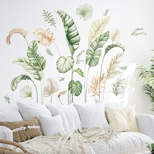 Boho Palm Leaves Wall Decals Green Tropical Plants Wall Stickers Monstera Leaf Art Wall Decor for Bedroom Living Room Kitchen Sofa TV Backdrop