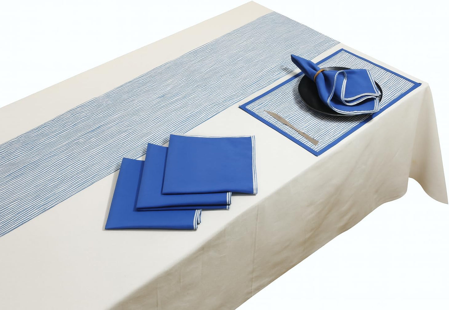 Indtresor Indian Heritage Fabric Cotton Table Linen Reversible Set Runner Napkins Mats in Blue White