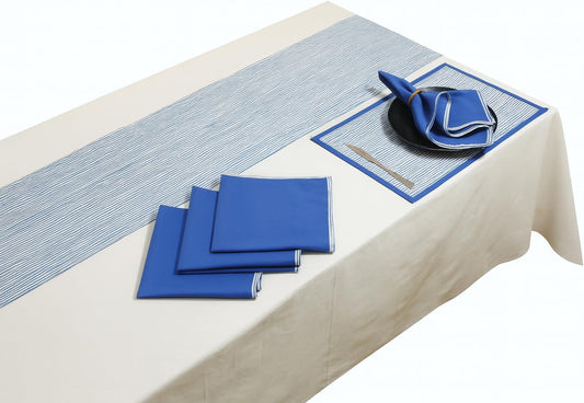 Indtresor Indian Heritage Fabric Cotton Table Linen Reversible Set Runner Napkins Mats in Blue White