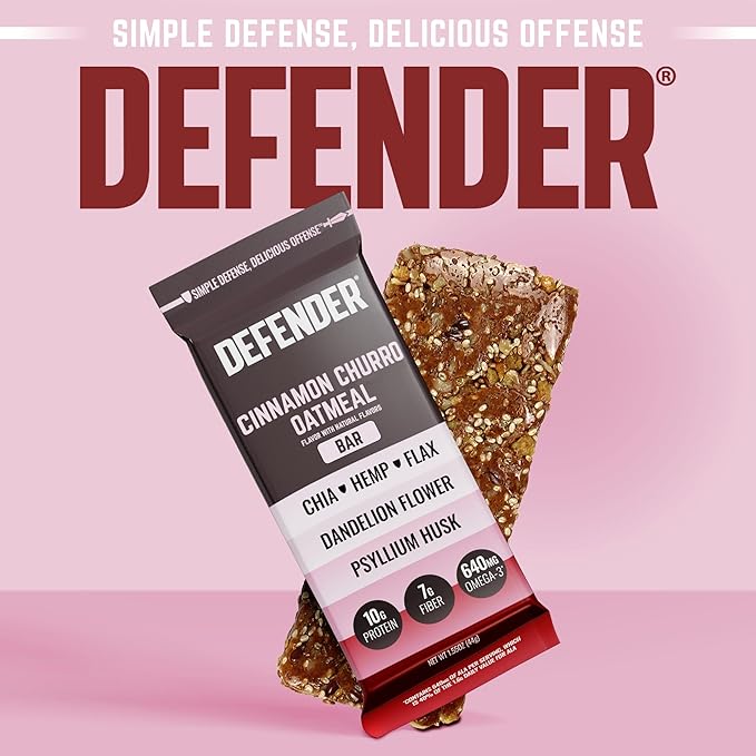 Defender Vegan Protein Bar, Cinnamon Churro Oatmeal, Plant Based Snack Breakfast Bars, Psyllium Husk, High Fiber, Non GMO, Kosher, No Stevia & Sugar Alcohols, 12 Bars, Holiday Gift Item, Stocking Stuffer
