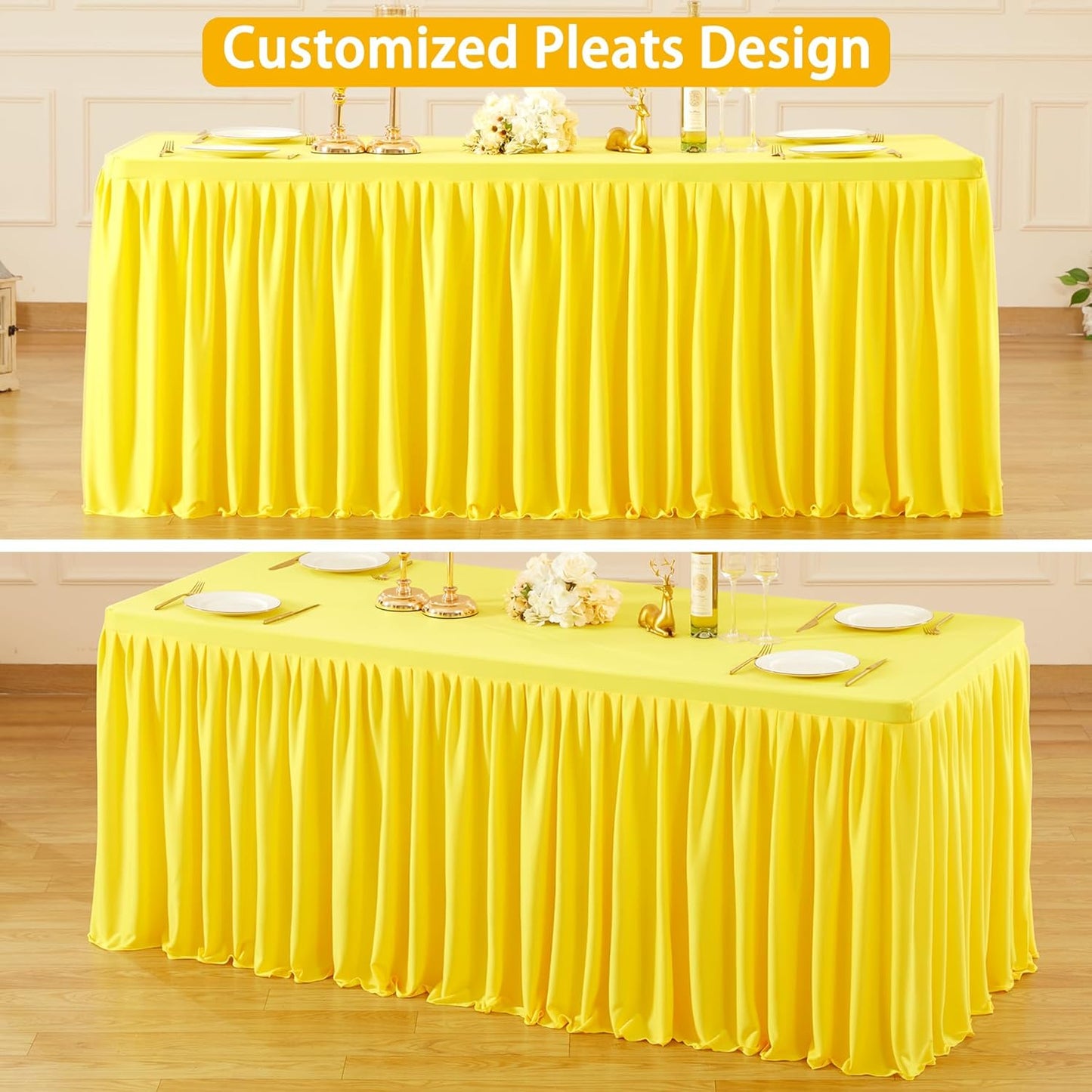 Yellow Polyester Table Clothes for 4 Foot Rectangle Tables, Wrinkle Free Fitted Table Cover with Pleated Ruffle Table Skirt for Birthday Party Wedding Trade Show Event Display