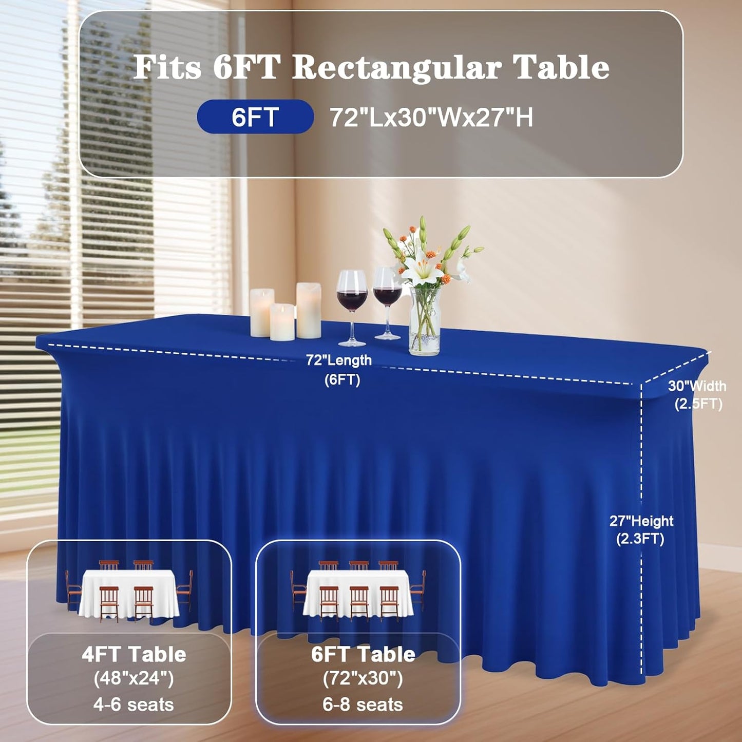 JCJ Table Skirt for Rectangle Tables Spandex Fitted Royal Blue Tablecloths for 6FT Tables, Wrinkle Resistant Ruffles Elastic Table Cover Skirts for Teacher Desk Weddings Banquets Parties