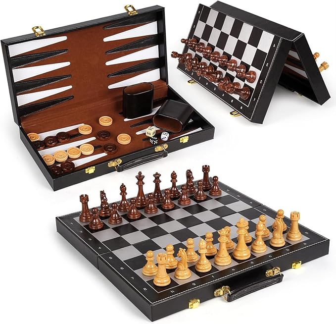 3 in 1 Magnetic Chess Set & Checkers Backgammon Board Game Set, 15" Wooden Folding Chess Board, Tournament Portable Travel Chess Set, Beginner Chess Board Game for Adults & Kids