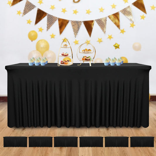 6 Pack Black Table Skirt, 96x30x30 Inch Stretch Spandex Fitted Table Cover for 8ft Rectangle Tables, Washable Wrinkle-Resistant Skirt for Party, Banquet, Wedding Decor