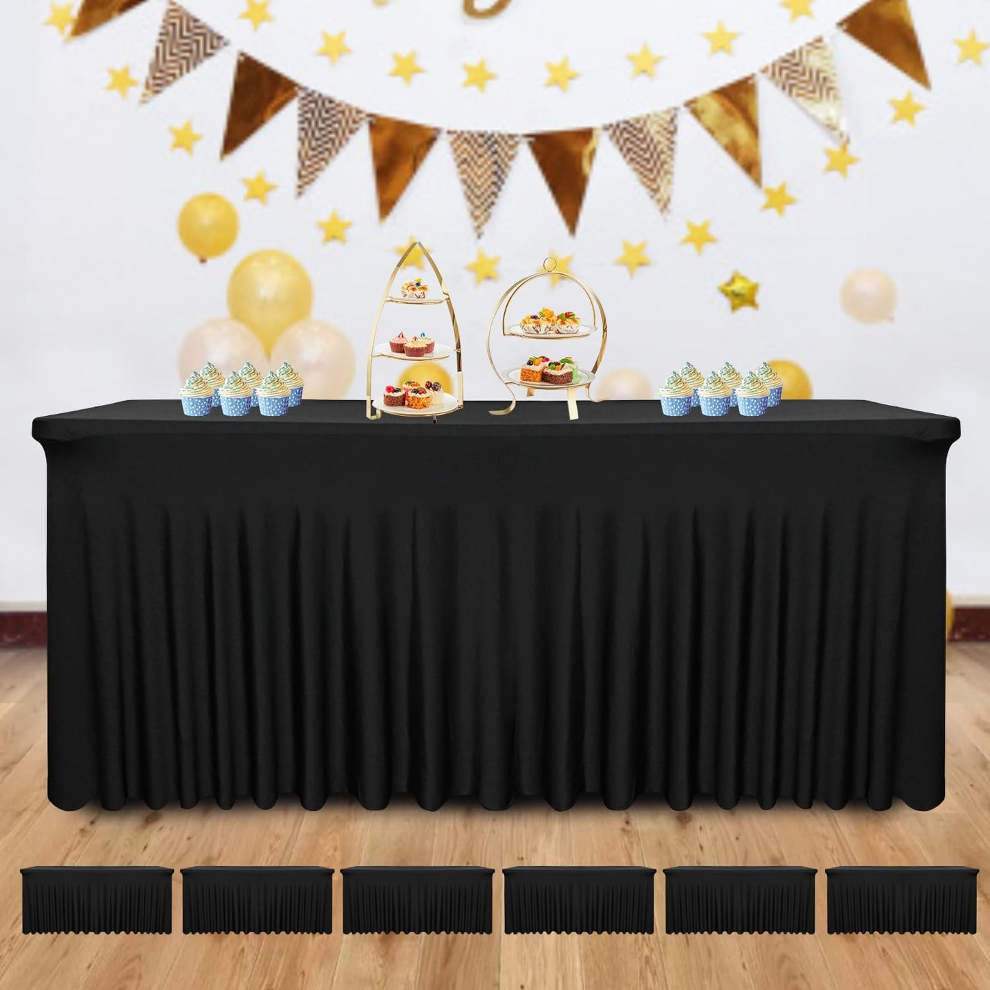 6 Pack Black Rectangular Table Skirt, 72''L x 30''W x 30''H, Polyester, Spandex Blend, Wrinkle Resistant, Suitable for 6 Foot Rectangular Tables, Ideal for Parties, Banquets, Birthdays