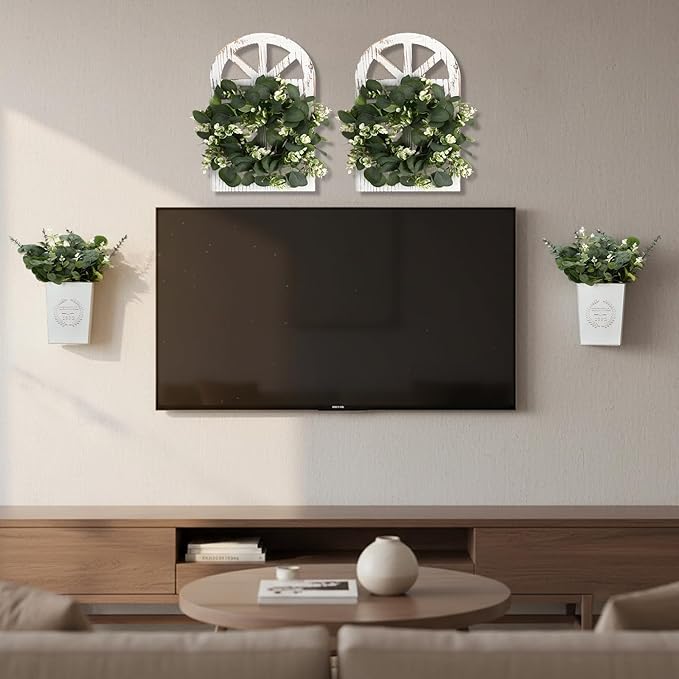 4 Sets 67 Pcs Farmhouse Wall Decor Set Rustic Window Frame Wall Decor with Eucalyptus Wreath and Metal Walls Planters Vintage Farmhouse Walls Art for Living Room Entryway(Arched)
