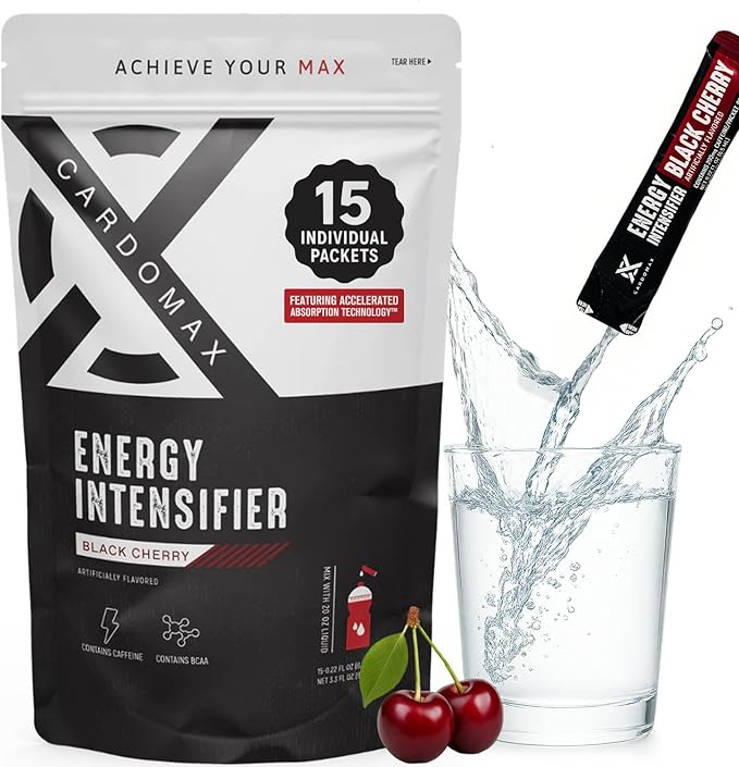 CardoMax - Energy Drink Packets - Liquid Preworkout for Men & Women Caffeine Packets with BCAA, Vitamin B12, Vitamin B6 & B3 - Sugar-Free, Zero Calorie, Vegan & Keto - 15 Stick Packs - Black Cherry
