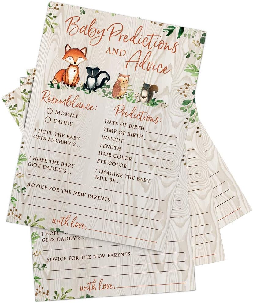 Baby Predictions & Advice for New Parents – Woodland Baby Shower Activity by Printed Party, Set of 50 Cards, Gender Neutral Forest Animals Theme