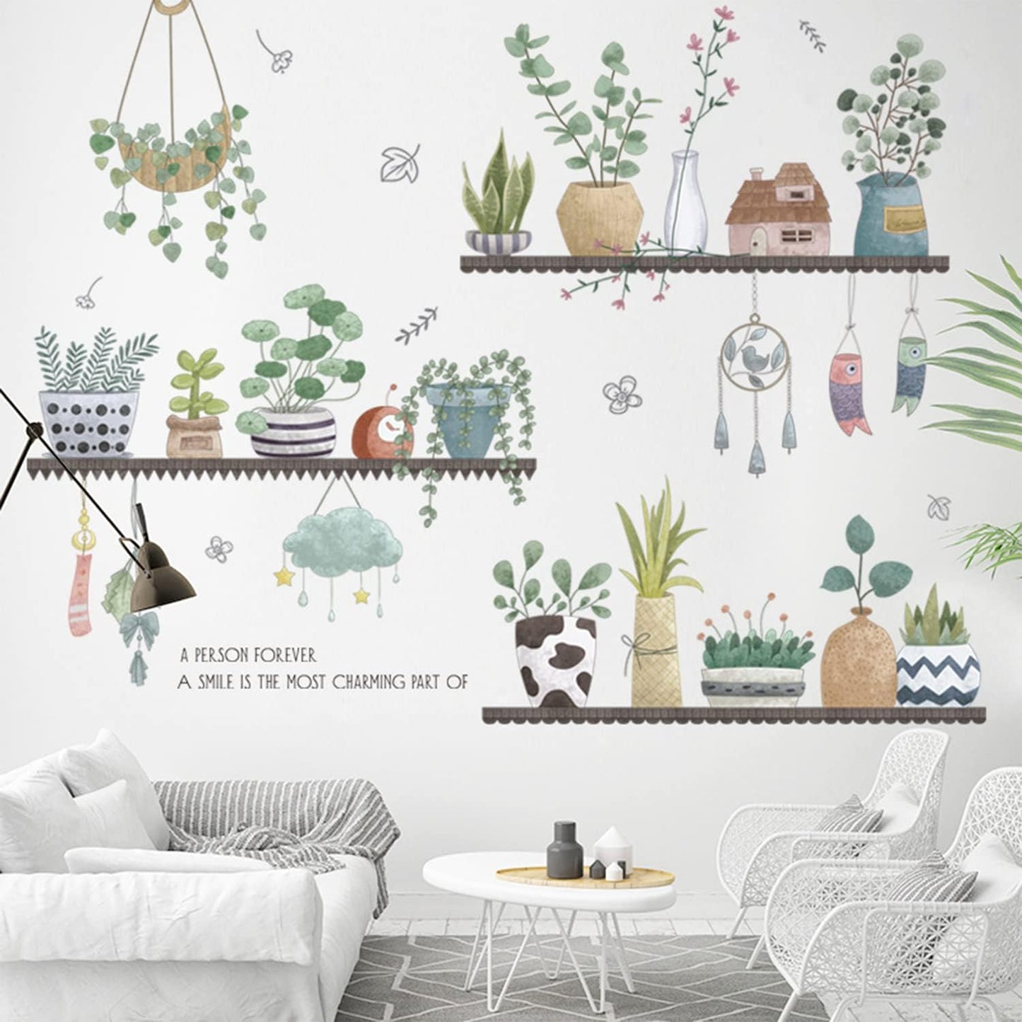 2 Set Plant Wall Decals Kitchen Stickers Decor Murals for Bedroom Living Room Bathroom Art Decal Boho Hanging Shelves Tree Wall Art 3D Peel and Stick